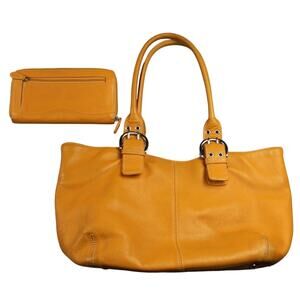 Tignanello Orange Leather Handbag Purse Double Buckle Handle w/Matching Wallet